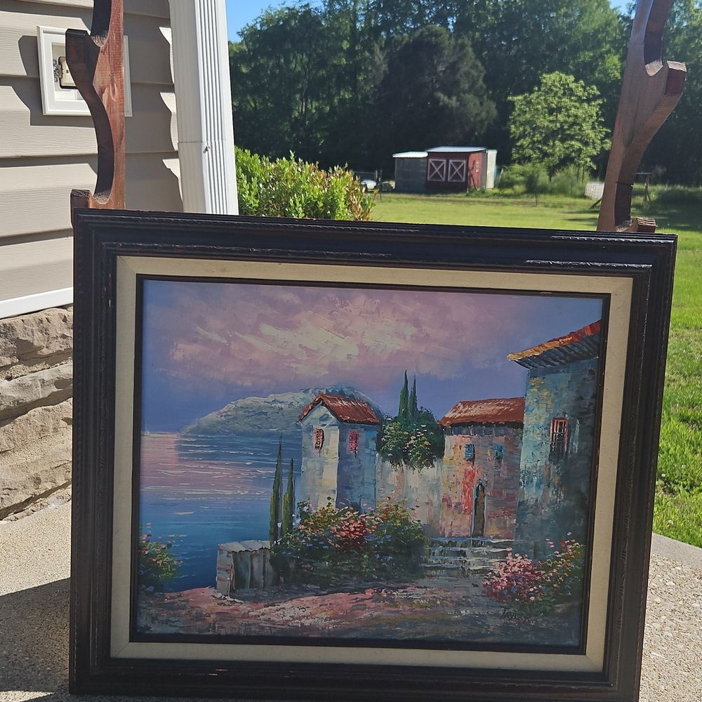 Framed Seaside Village Oil Painting - Coastal Landscape